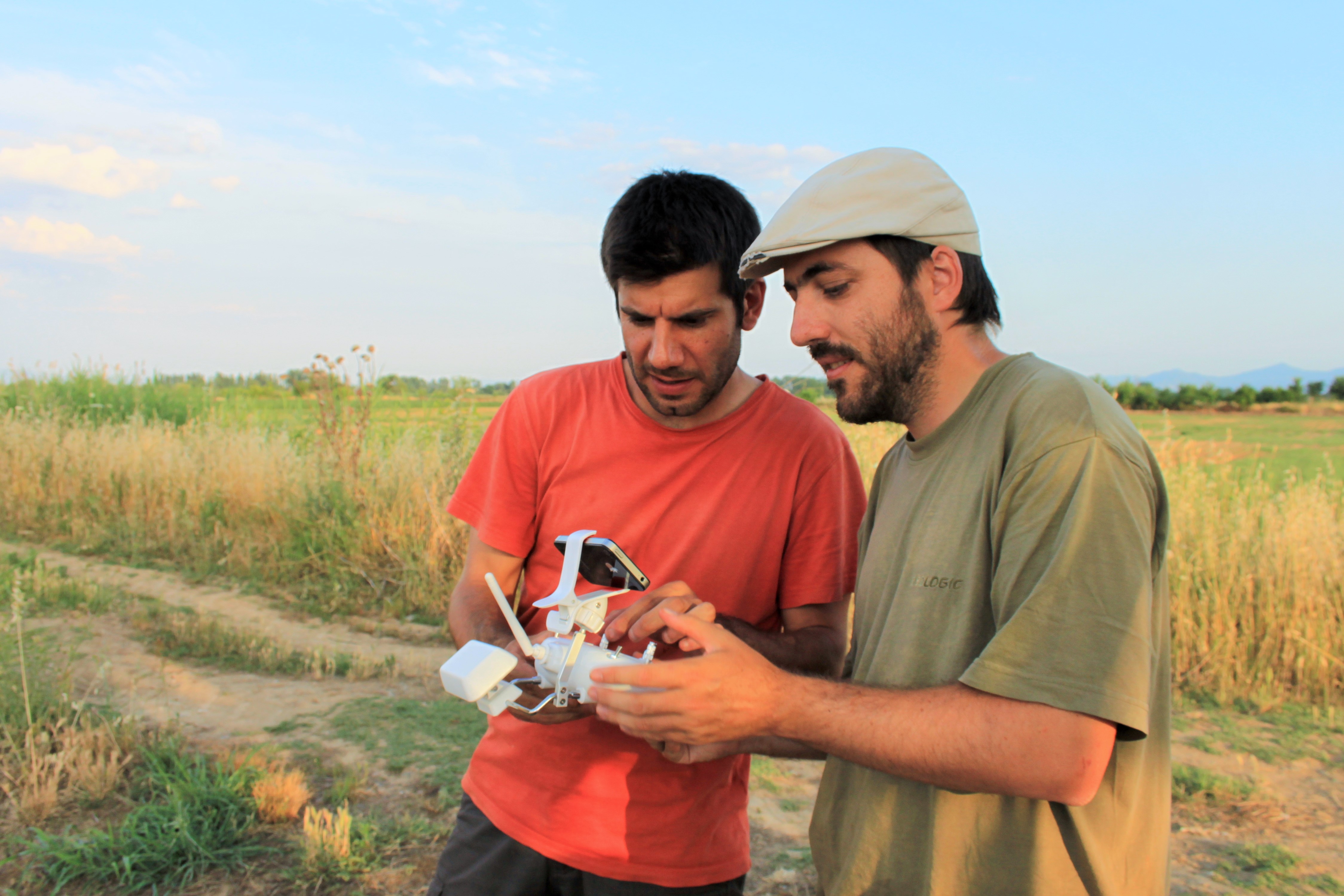 Hector Orengo and Arnau Garcia use a drone in archaeological survey