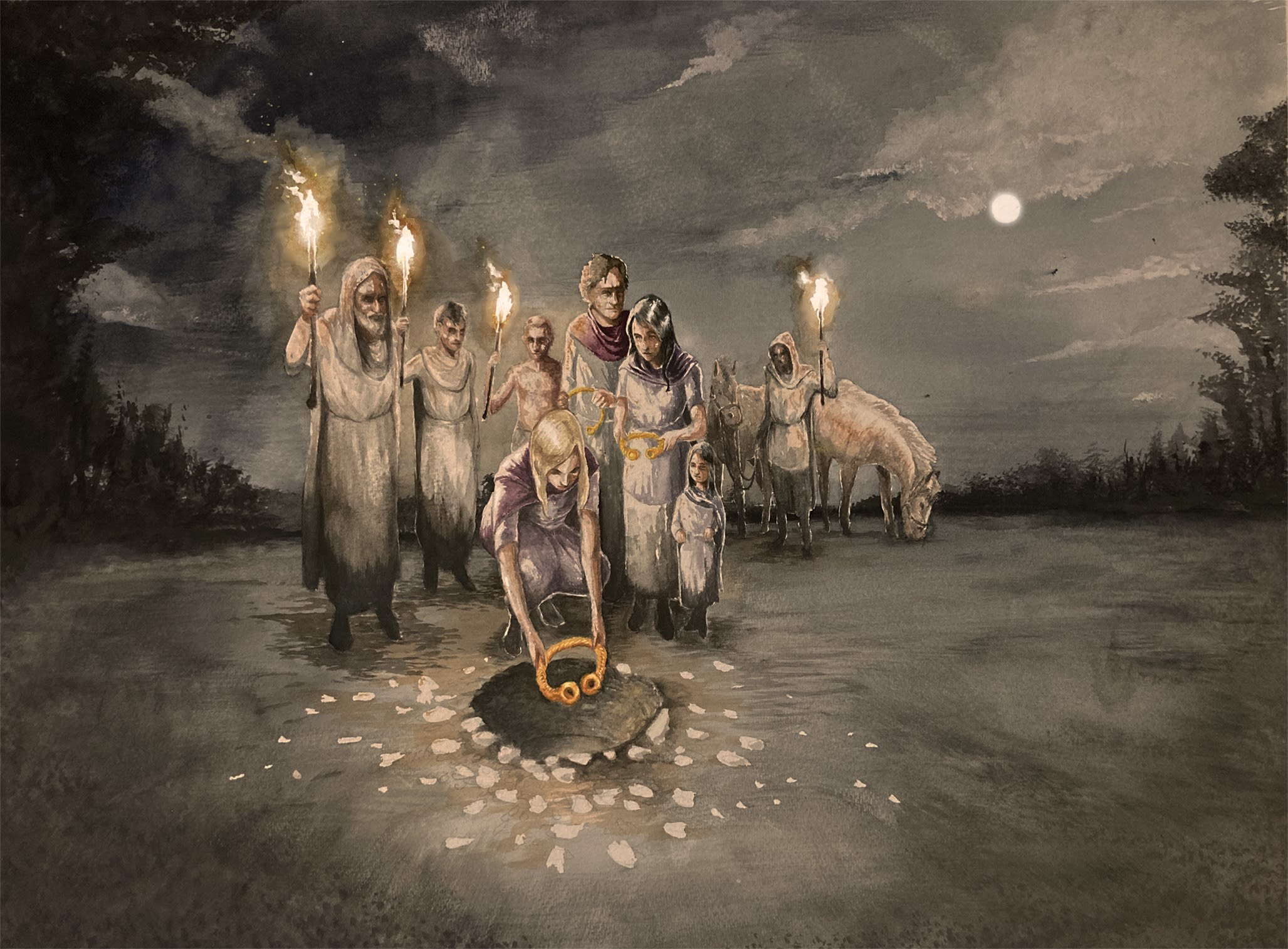 Imagined reconstruction of the deposition of one of the hoards. Drawing by Craig Williams
