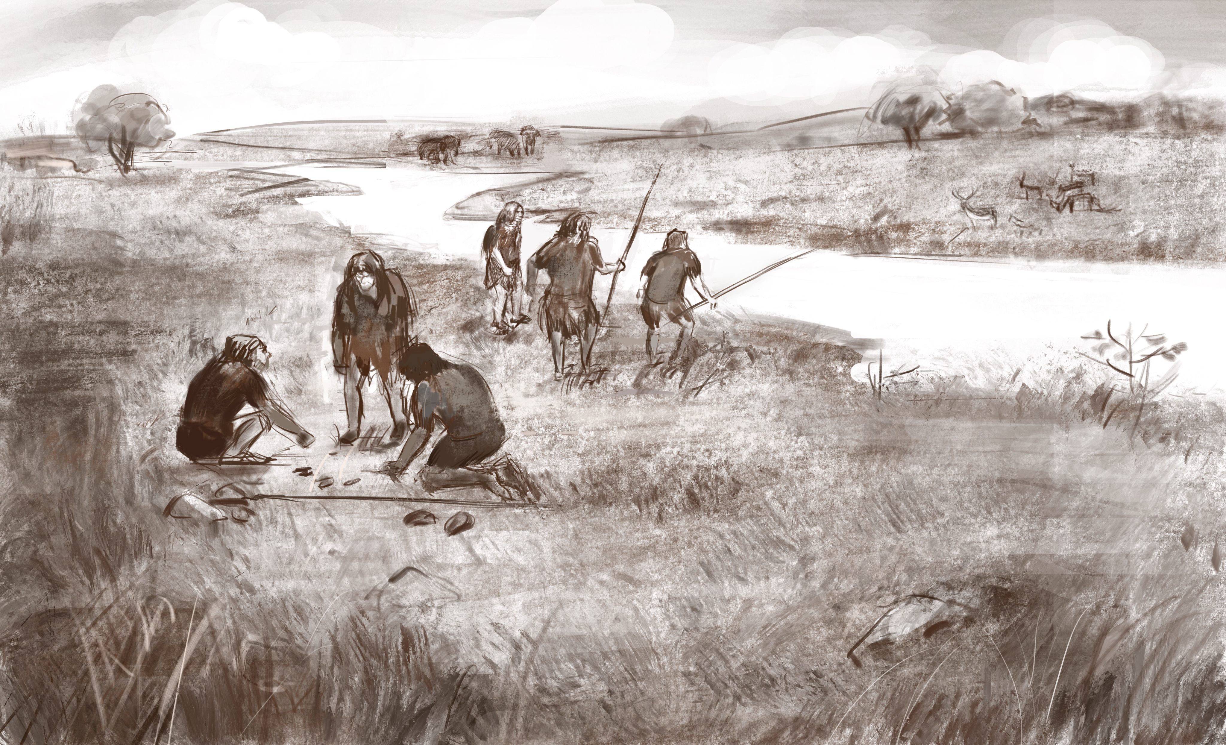 An artist’s interpretation of the Old Park Palaeolandscape during a warm interstadial, c. 440,000 years ago. (image produced by Nguyen Ngoc My Ha).