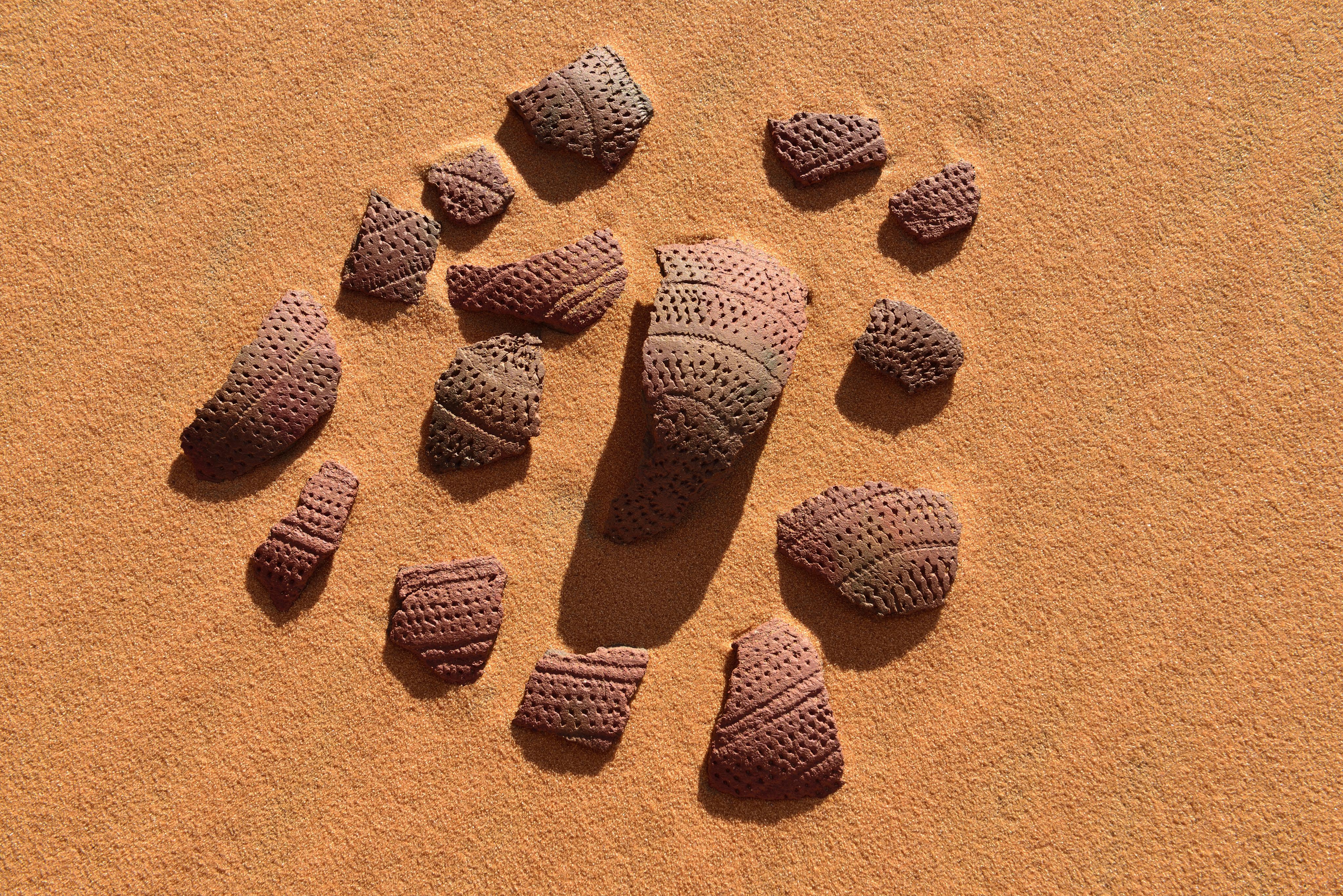 Algeria, Tassili n'Ajjer National Park, Sahara desert, broken neolithic pottery