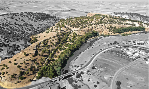 Aerial photograph of the Oued Beht ridge and river, highlighted in colour